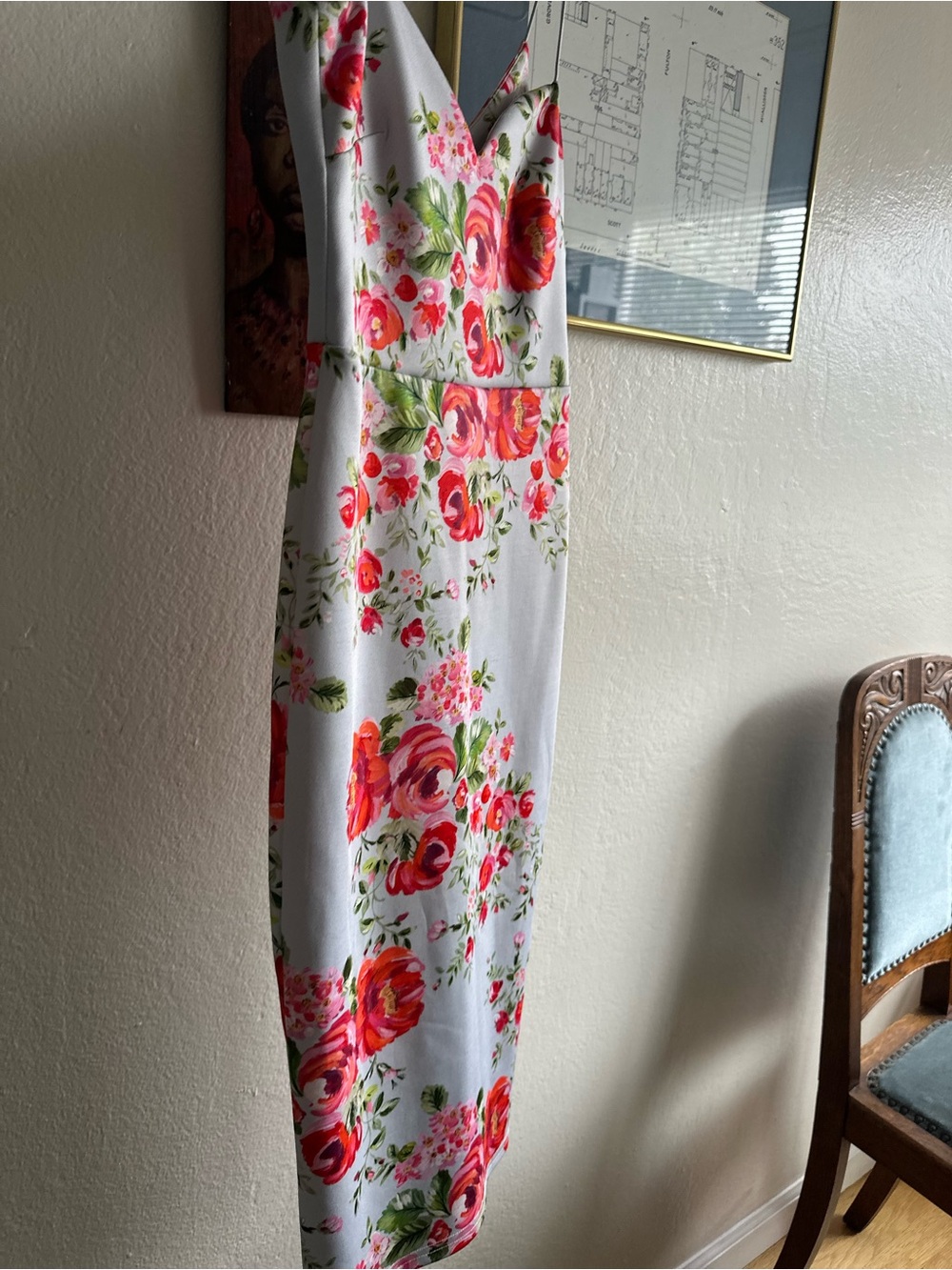 ASOS Light-Blue Midi Dress with Pink & Red Floral Print